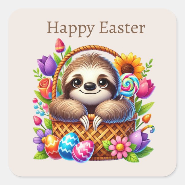 Pegatina Cuadrada Cute Happy Easter Sloth (Anverso)