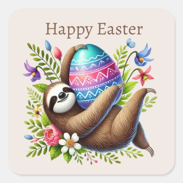 Pegatina Cuadrada Cute Happy Easter Sloth (Anverso)