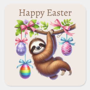 Pegatina Cuadrada Cute Happy Easter Sloth