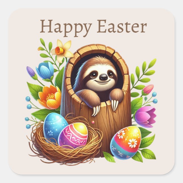 Pegatina Cuadrada Cute Happy Easter Sloth (Anverso)
