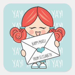 Pegatina Cuadrada Cute Happy Mail Redhead Chica Pink Heart Seal