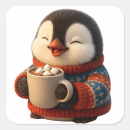 Pegatina Cuadrada Cute Happy Penguin in Sweater Hot Cocoa