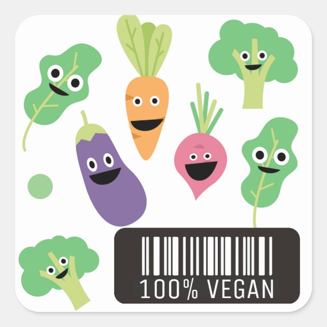 Pegatina Cuadrada Cute Happy Vegetables 100% Vegan (Anverso)