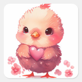 Pegatina Cuadrada Cute Heart Chick San Valentín