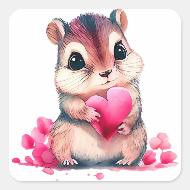 Pegatina Cuadrada Cute Heart Chipmunk Valentine (Anverso)