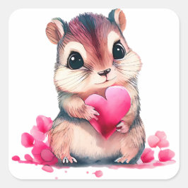 Pegatina Cuadrada Cute Heart Chipmunk Valentine
