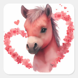 Pegatina Cuadrada Cute Heart Horse Valentine