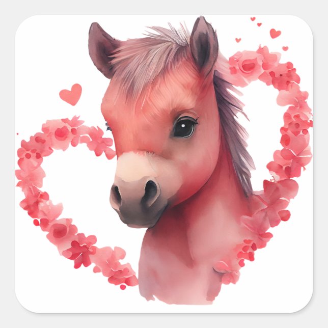 Pegatina Cuadrada Cute Heart Horse Valentine (Anverso)