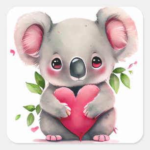 Pegatina Cuadrada Cute Heart Koala Bear Valentine