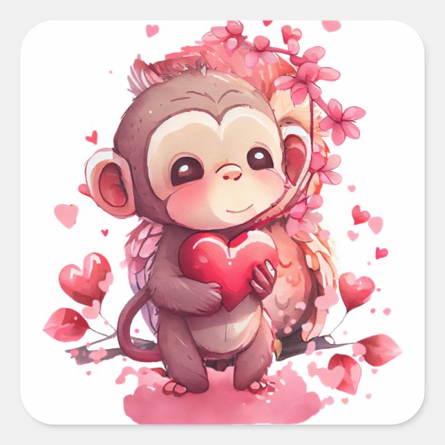 Pegatina Cuadrada Cute Heart Monkey Valentine (Anverso)