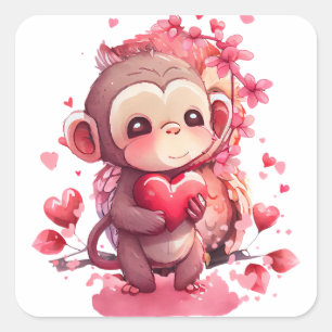 Pegatina Cuadrada Cute Heart Monkey Valentine