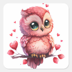 Pegatina Cuadrada Cute Heart Owl Valentine