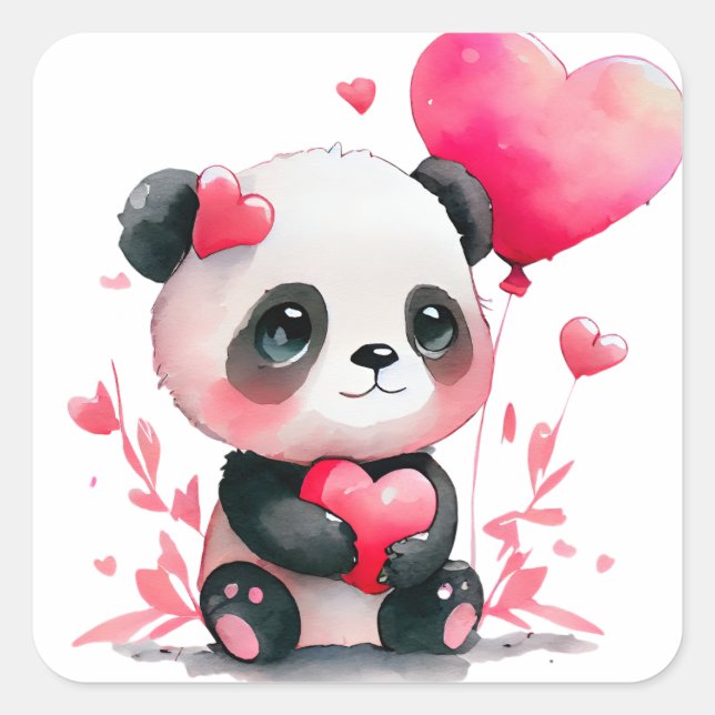 Pegatina Cuadrada Cute Heart Panda Bear Valentine (Anverso)