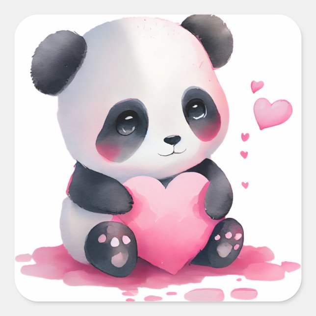 Pegatina Cuadrada Cute Heart Panda Bear Valentine (Anverso)