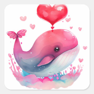 Pegatina Cuadrada Cute Heart Pink Whale Valentine