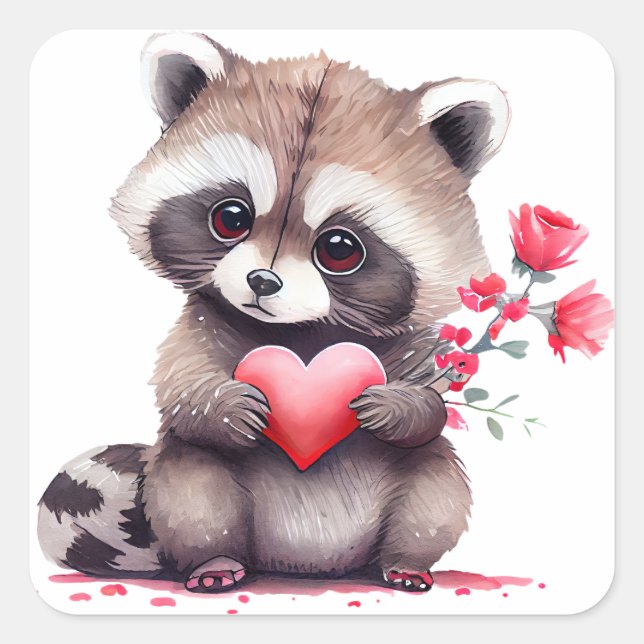 Pegatina Cuadrada Cute Heart Raccoon Valentine (Anverso)