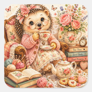 Pegatina Cuadrada Cute Hedgehog Hora del Té Knitting Cottagecore