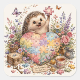 Pegatina Cuadrada Cute Hedgehog Puzzle Heart Arte Acuarela 