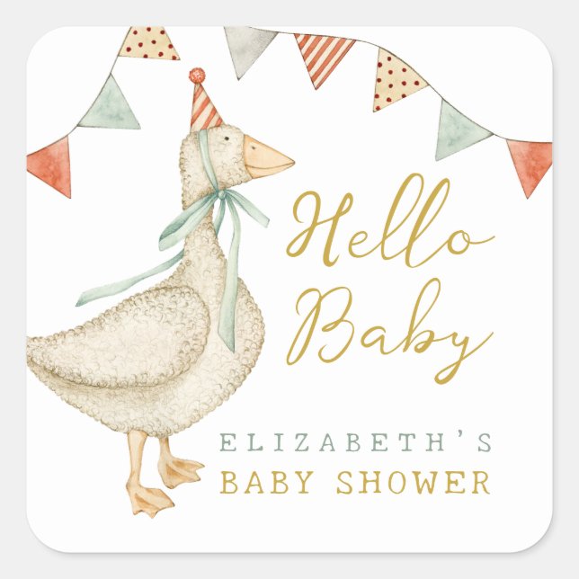 Pegatina Cuadrada Cute Hello Baby Duck Baby Shower (Anverso)