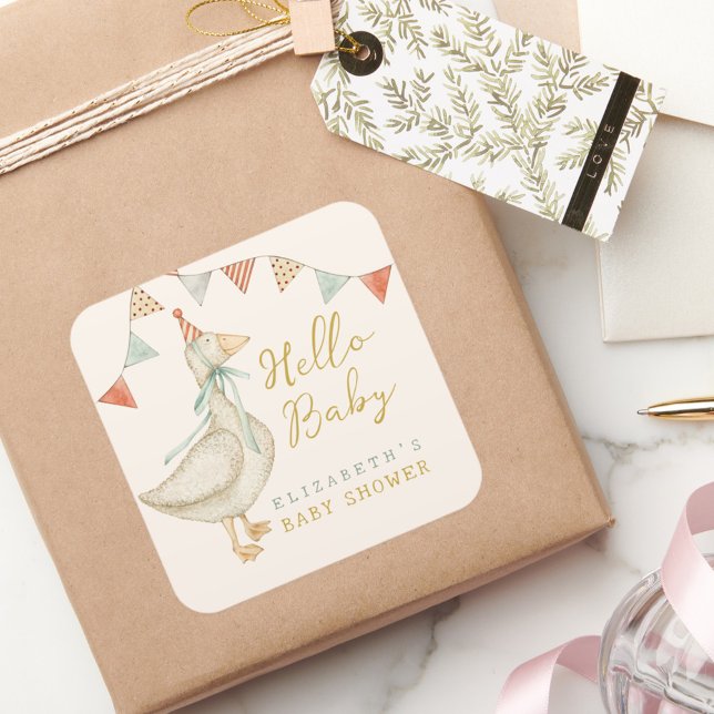 Pegatina Cuadrada Cute Hello Baby Duck Baby Shower (Subido por el creador)
