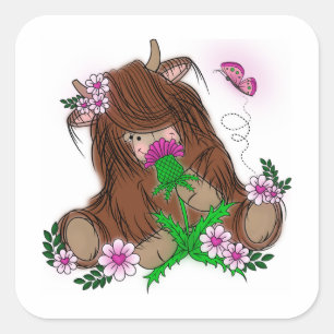 Pegatina Cuadrada Cute Highland Cow