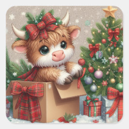 Pegatina Cuadrada Cute Highland Cow Christmas Sticker