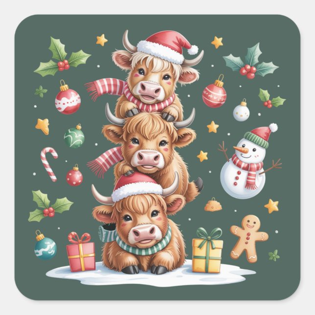 Pegatina Cuadrada Cute Highland Vaca Árboles navideños Cacao calient (Anverso)