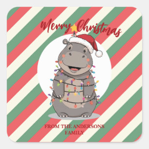 Pegatina Cuadrada Cute Hippo árbol de Navidad safari zoológico Xmas 