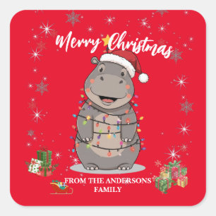 Pegatina Cuadrada Cute Hippo árbol de Navidad safari zoológico Xmas 