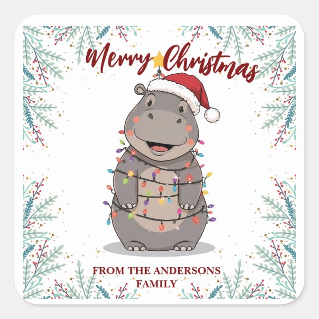 Pegatina Cuadrada Cute Hippo Christmas tree zoo safari Xmas plaid pa (Anverso)