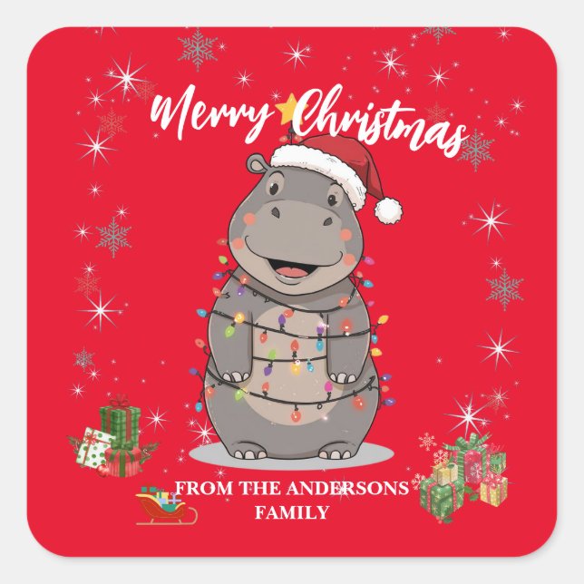 Pegatina Cuadrada Cute Hippo Christmas tree zoo safari Xmas plaid pa (Anverso)