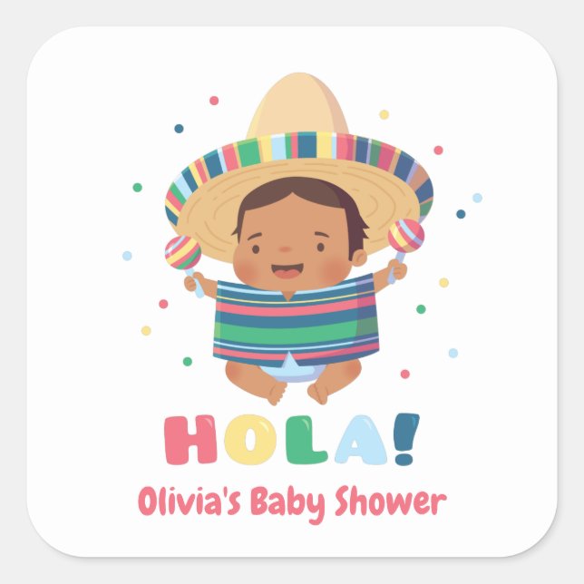 Pegatina Cuadrada Cute Hola Mexican Boy Fiesta Baby Shower (Anverso)
