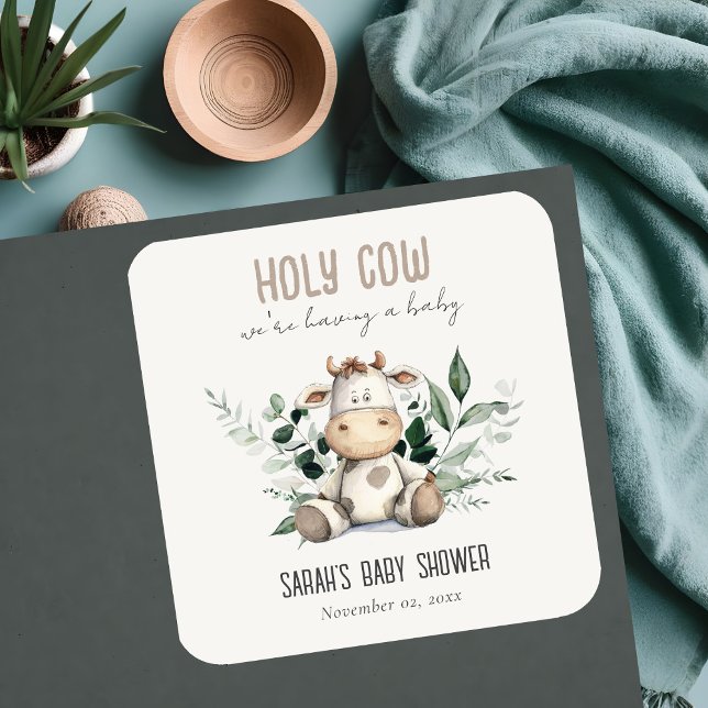 Pegatina Cuadrada Cute Holy Cow Foliage Pastel Neutral Baby Shower (Subido por el creador)