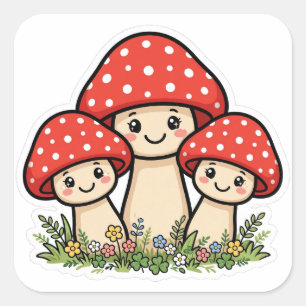 Pegatina Cuadrada Cute Hongos Amigos Cottagecore Sticker