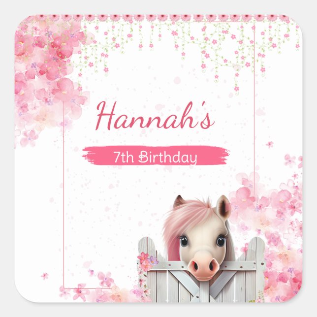 Pegatina Cuadrada Cute Horse Cumpleaños Floral Rosa Personalizada (Anverso)