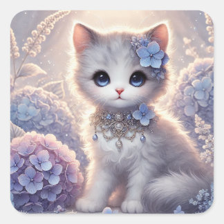 Pegatina Cuadrada Cute Hydrangea Princess Cat