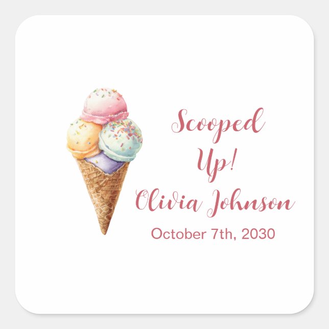 Pegatina Cuadrada Cute Ice Cream Scoops Pastel Bridal Shower (Anverso)