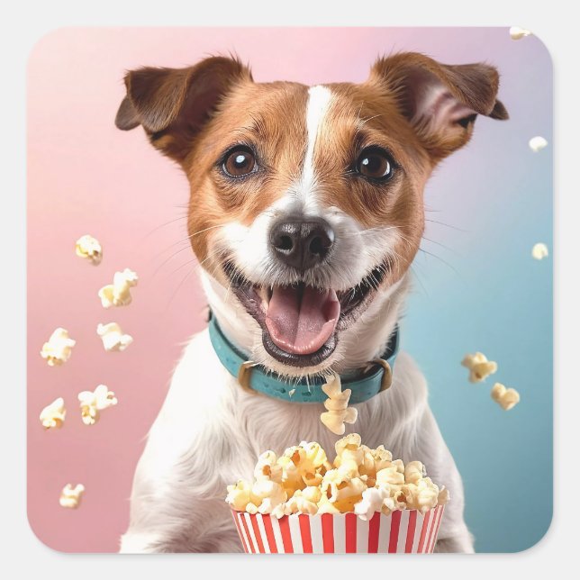 Pegatina Cuadrada Cute Jack Russell Terrier Con Popcorn (Anverso)