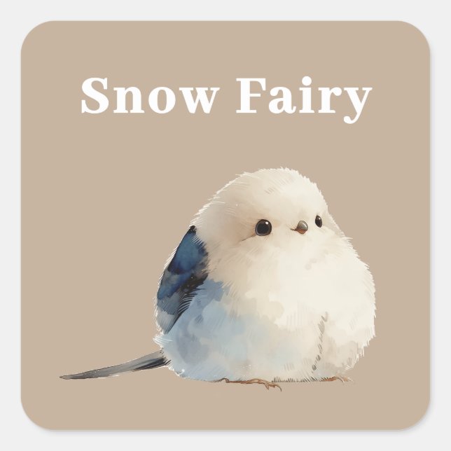 Pegatina Cuadrada Cute Japanese Long-Tailed Tit Snow Fairy  (Anverso)