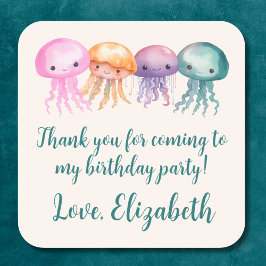 Pegatina Cuadrada Cute Jellyfish Under the Sea Birthday Gracias