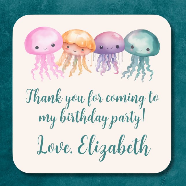 Pegatina Cuadrada Cute Jellyfish Under the Sea Birthday Gracias (Subido por el creador)