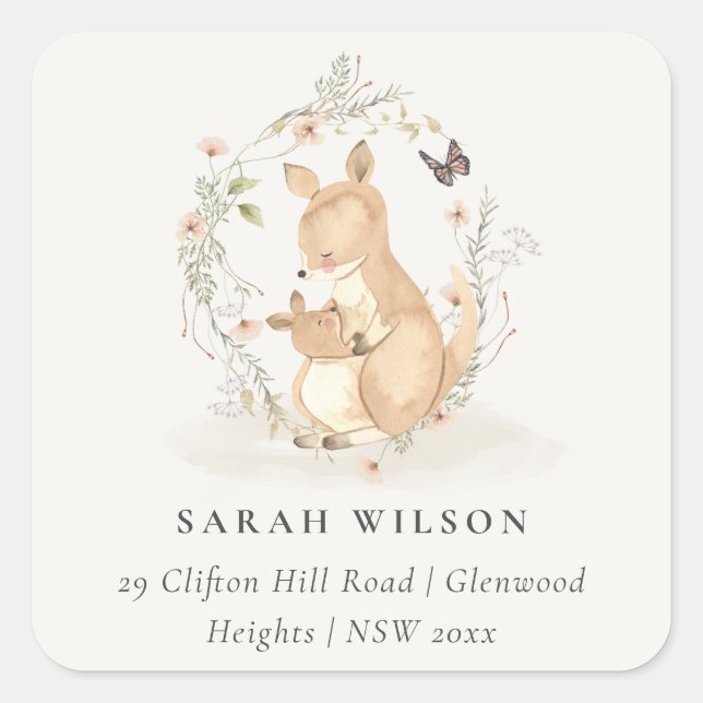 Pegatina Cuadrada Cute Joey Mama Kangaroo Floral Wreath Dirección (Anverso)