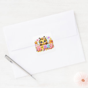 Pegatina Cuadrada Cute Kawaii Abeja Miel Nombre Pastel Rosa Brillant