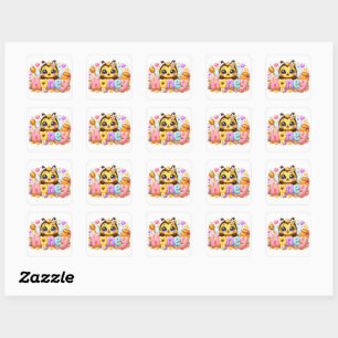 Pegatina Cuadrada Cute Kawaii Abeja Miel Nombre Pastel Rosa Brillant