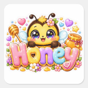 Pegatina Cuadrada Cute Kawaii Abeja Miel Nombre Pastel Rosa Brillant