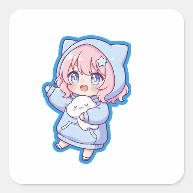 Pegatina Cuadrada Cute Kawaii Anime Girl Sticker (Anverso)