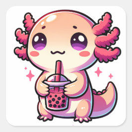 Pegatina Cuadrada Cute Kawaii Axolotl con té de burbuja
