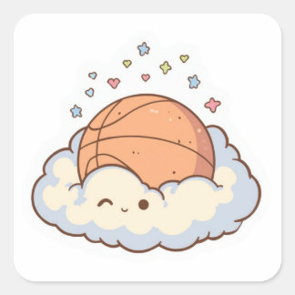 Pegatina Cuadrada Cute Kawaii Baloncesto en Estética de Nube Pegatin