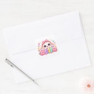 Pegatina Cuadrada Cute Kawaii Bella Bunny Nombre Pastel Rosa Floral