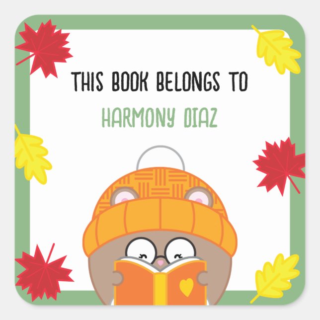 Pegatina Cuadrada Cute Kawaii Booklover Hamster Fall Bookplate (Anverso)
